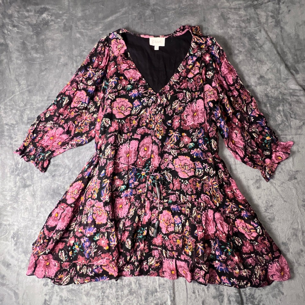 Cleobella Pink Floral V-Neck Tiered Mini Dress XL Recycled Long Sleeve Boho
